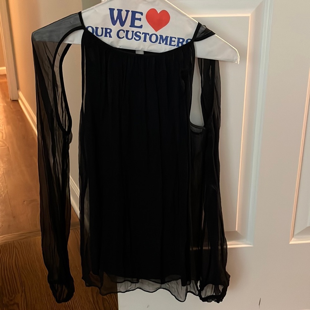 Bailey 44 navy top sheer sleeves lined bodice with sheer on top